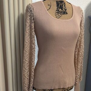 Absolutely Famous Blush Ribbed Blouse with Lace Sleeves